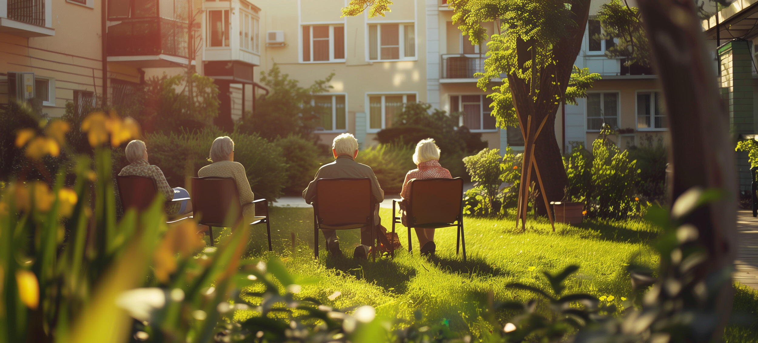 Four elderly people sitting in a sunlit garden in a care home